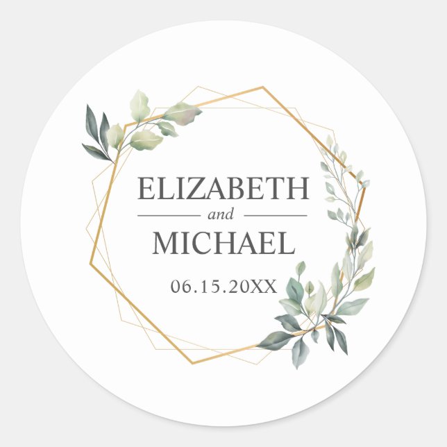 Eucalyptus Greenery Geometric Wedding Classic Round Sticker (Front)