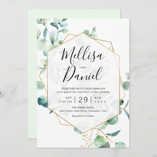 Eucalyptus Greenery Geometric Wedding Invitation (Front/Back)