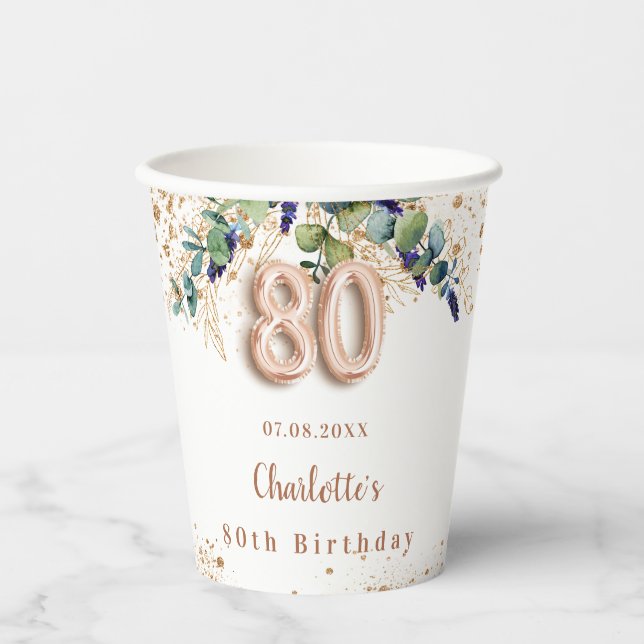 Eucalyptus greenery glitter name 80th birthday paper cups (Front)