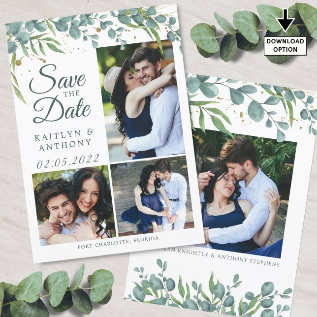 Eucalyptus Greenery Gold 4 Photo Save The Date (Creator Uploaded)