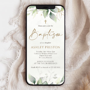 Eucalyptus Greenery Gold Baptism Mobile Invite