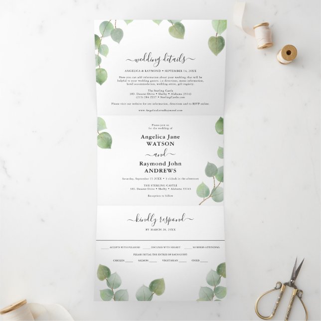 Eucalyptus Greenery & Gold Classic Wedding Tri-Fold Invitation (Inside)