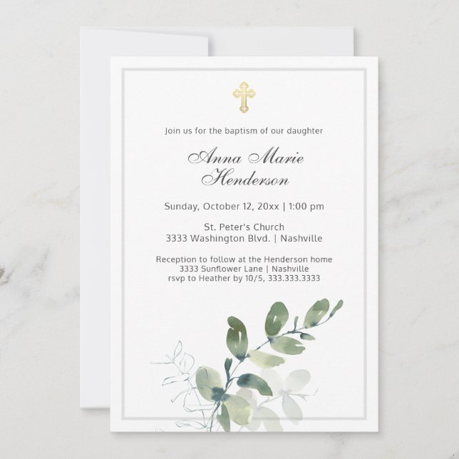 Eucalyptus Greenery Gold Cross Baptism  Invitation (Front)
