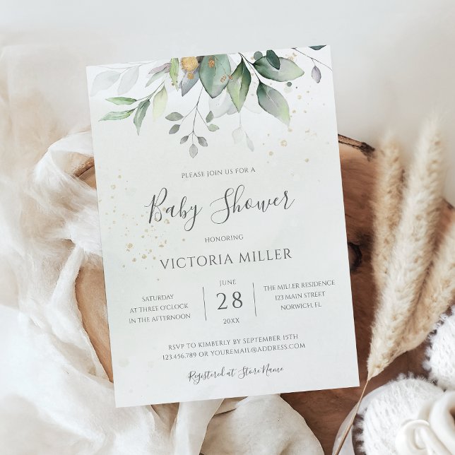 Eucalyptus Greenery Gold Elegant Baby Shower Invitation (Creator Uploaded)