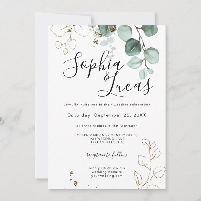 Eucalyptus Greenery Gold Elegant Foliage Wedding  Invitation (Front)