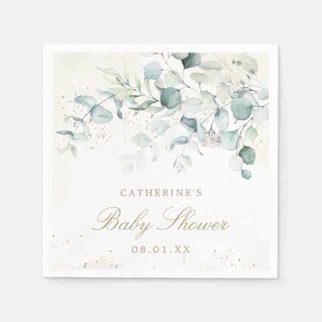 Eucalyptus Greenery Gold Elegant Girl Baby Shower Napkin (Front)