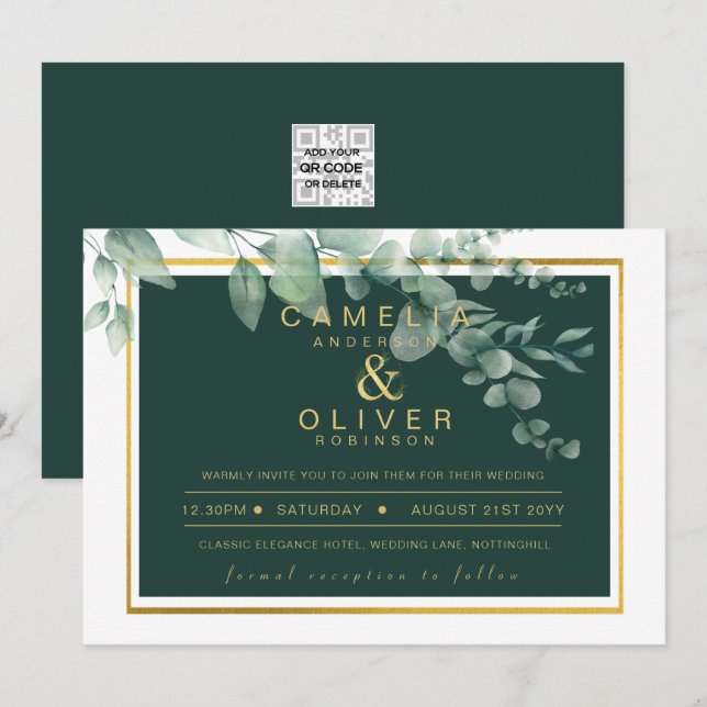 Eucalyptus Greenery Gold Emerald Wedding QR CODE I Invitation (Front/Back)
