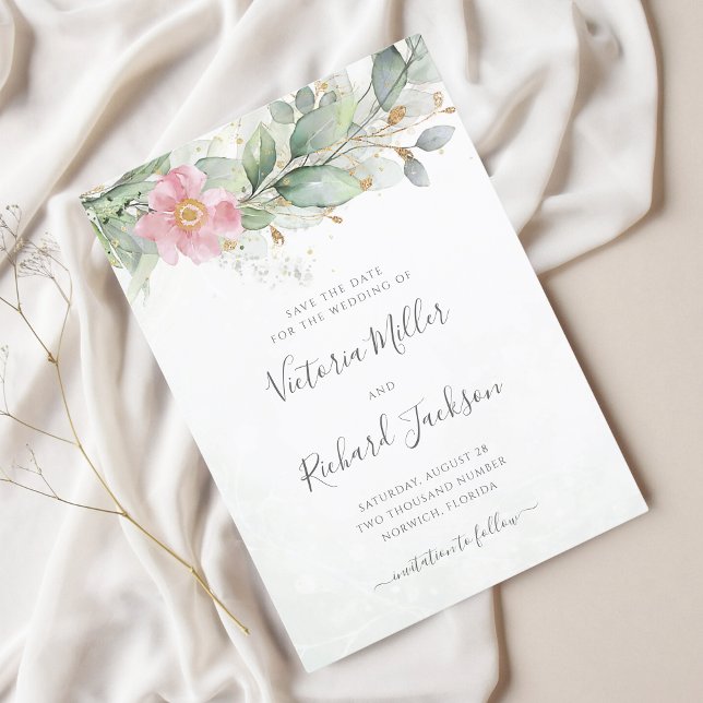 Eucalyptus Greenery Gold Floral Elegant Wedding Save The Date (Creator Uploaded)