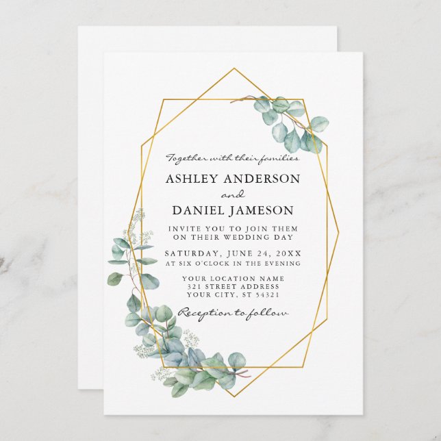 Eucalyptus Greenery Gold Frame Photo Wedding Invitation (Front/Back)