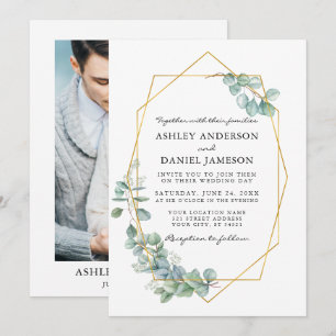 Eucalyptus Greenery Gold Frame Photo Wedding Invitation