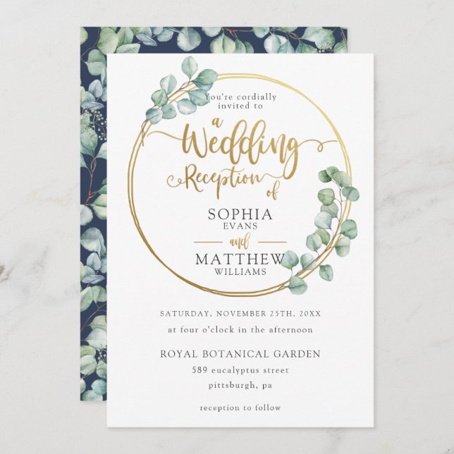 Eucalyptus Greenery Gold Frame Wedding Reception Invitation (Front/Back)
