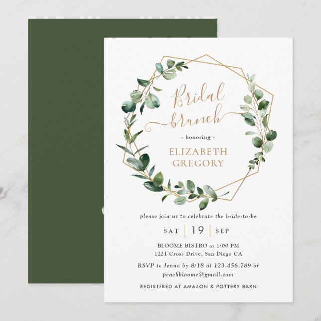 Eucalyptus Greenery Gold Geometric Bridal Brunch Invitation (Front/Back)