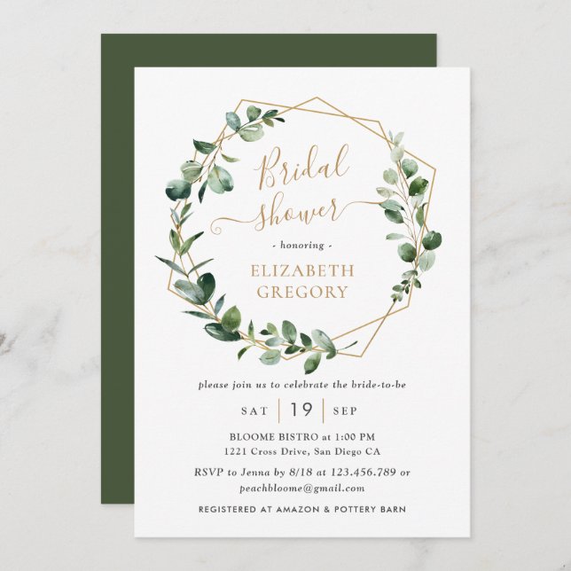 Eucalyptus Greenery Gold Geometric Bridal Shower Invitation (Front/Back)