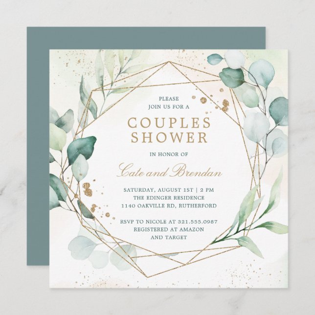 Eucalyptus Greenery Gold Geometric Couples Shower Invitation (Front/Back)