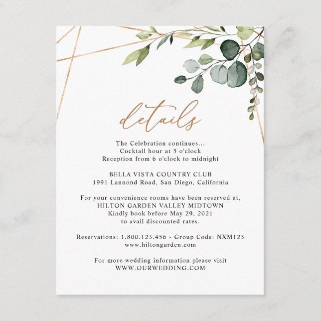 Eucalyptus Greenery Gold Geometric Details Wedding Enclosure Card (Front)
