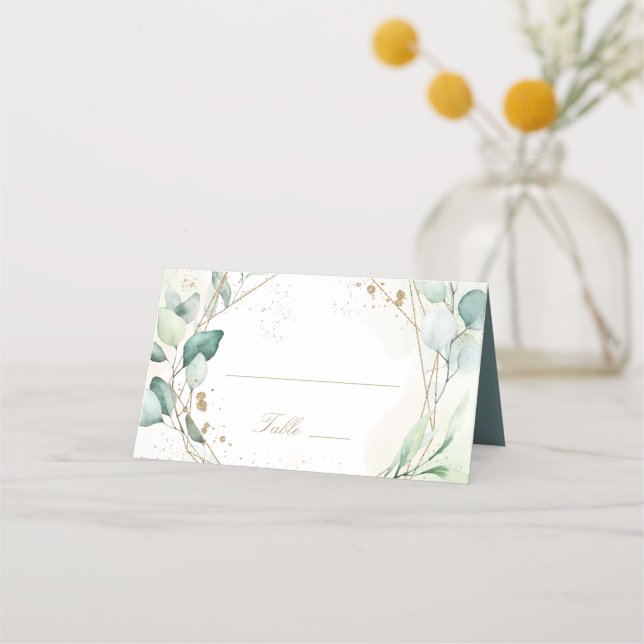 Eucalyptus Greenery Gold Geometric Elegant Wedding Place Card (Front)