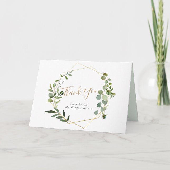 Eucalyptus Greenery Gold Geometric Frame Thank You Card (Front)
