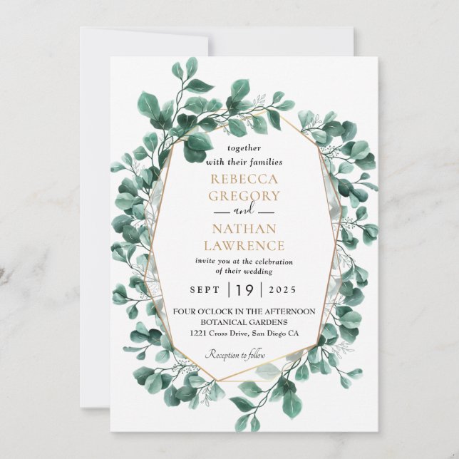 Eucalyptus Greenery Gold Geometric Frame Wedding Invitation (Front)