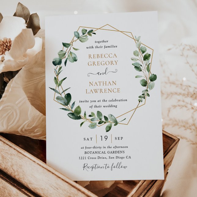 Eucalyptus Greenery Gold Geometric Frame Wedding Invitation (Creator Uploaded)