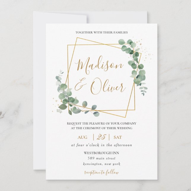 Eucalyptus Greenery Gold Geometric Modern Wedding  Invitation (Front)