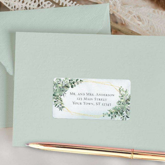 Eucalyptus Greenery Gold Geometric Wedding Address Label (Creator Uploaded)