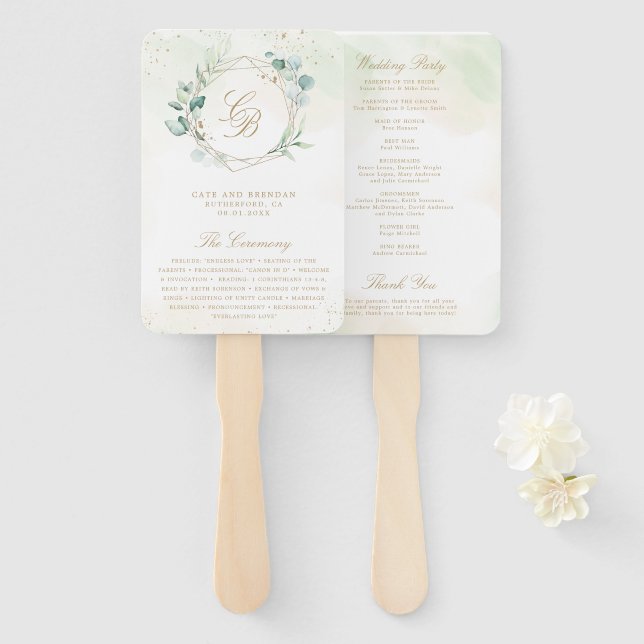 Eucalyptus Greenery Gold Geometric Wedding Program Hand Fan (Front and Back)