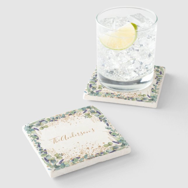 Eucalyptus greenery gold glitter family name stone coaster (Side)
