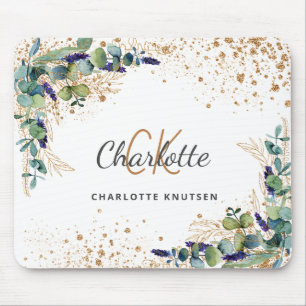 Eucalyptus greenery gold glitter monogram name mouse pad