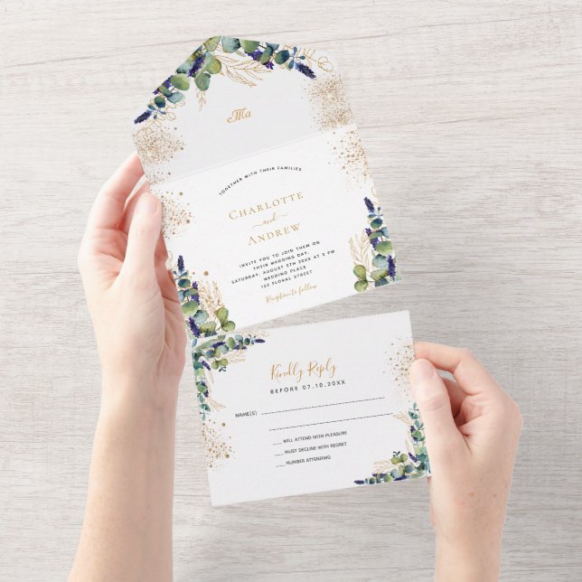 Eucalyptus greenery gold glitter wedding all in one invitation (Tearaway)