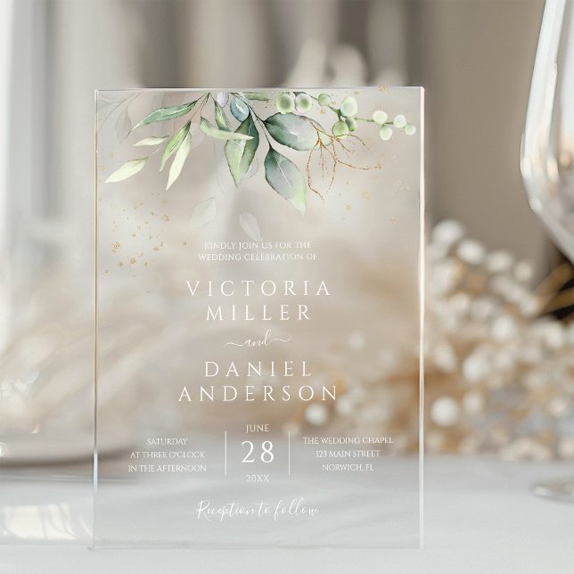 Eucalyptus Greenery Gold Leaves Botanical Wedding Acrylic Invitations (Creator Uploaded)