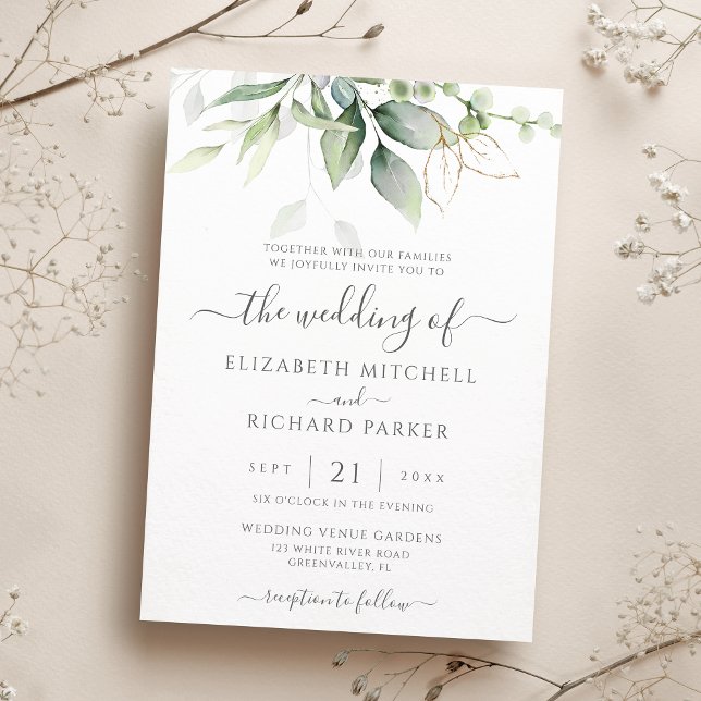 Eucalyptus Greenery Gold Leaves Botanical Wedding Invitation (Creator Uploaded)