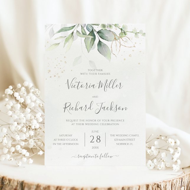 Eucalyptus Greenery Gold Leaves Botanical Wedding Invitation (Creator Uploaded)