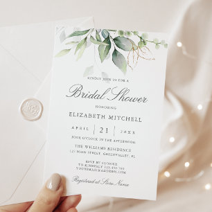 Eucalyptus Greenery Gold Leaves Bridal Shower Invitation