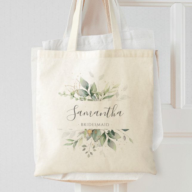 Eucalyptus Greenery Gold Leaves Elegant Bridesmaid Tote Bag (Creator Uploaded)