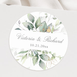 Eucalyptus Greenery Gold Leaves Elegant Classic Round Sticker