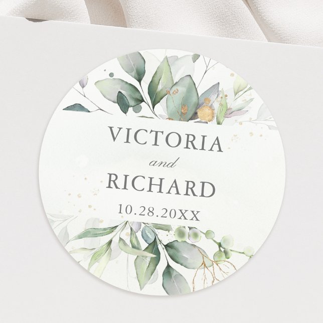 Eucalyptus Greenery Gold Leaves Elegant Classic Round Sticker (Creator Uploaded)