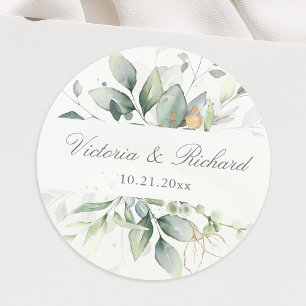 Eucalyptus Greenery Gold Leaves Elegant Classic Round Sticker
