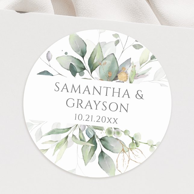 Eucalyptus Greenery Gold Leaves Elegant  Classic Round Sticker (Creator Uploaded)