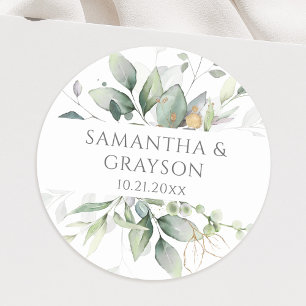 Eucalyptus Greenery Gold Leaves Elegant Classic Round Sticker