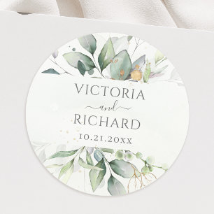 Eucalyptus Greenery Gold Leaves Elegant Classic Round Sticker