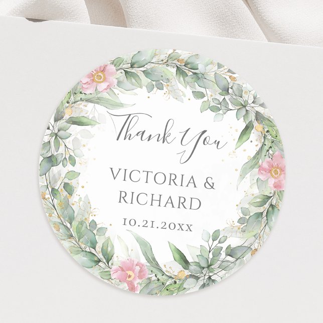 Eucalyptus Greenery Gold Leaves Elegant Wedding Classic Round Sticker (Creator Uploaded)