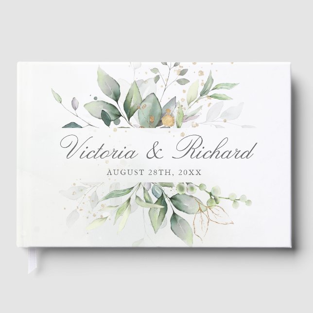 Eucalyptus Greenery Gold Leaves Elegant Wedding Guest Book (Front)