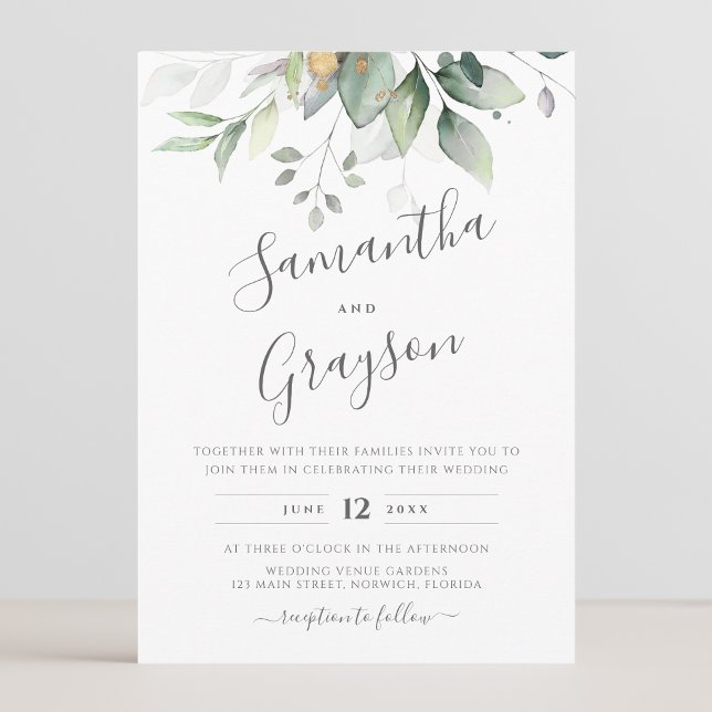 Eucalyptus Greenery Gold Leaves Elegant Wedding Invitation (Creator Uploaded)