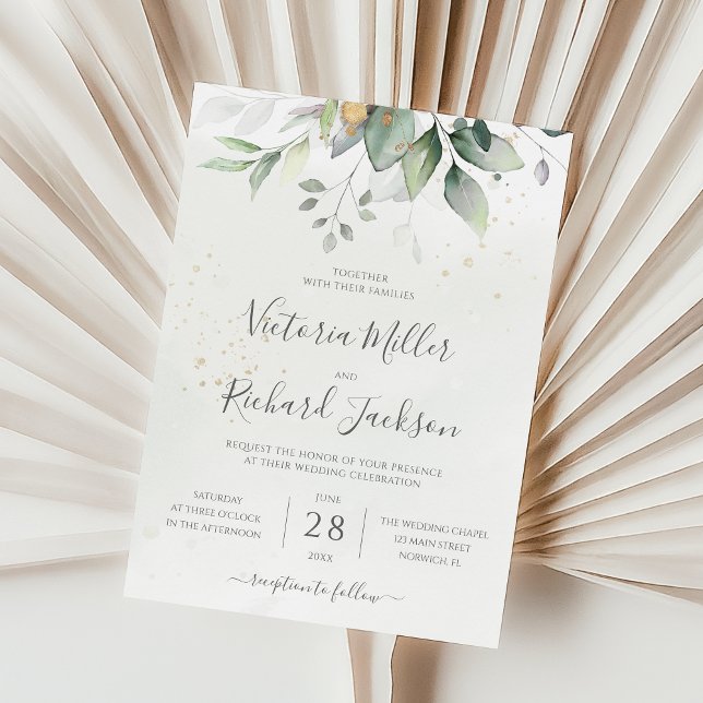 Eucalyptus Greenery Gold Leaves Elegant Wedding Invitation (Creator Uploaded)