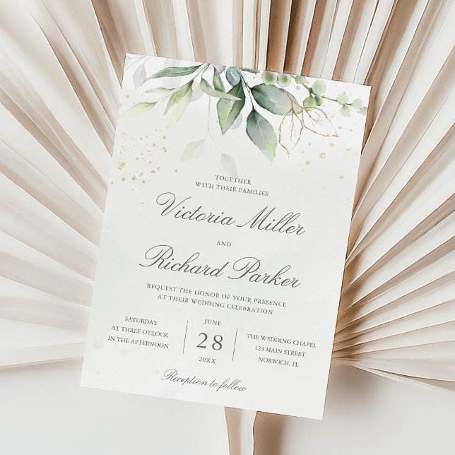 Eucalyptus Greenery Gold Leaves Elegant Wedding Invitation (Creator Uploaded)