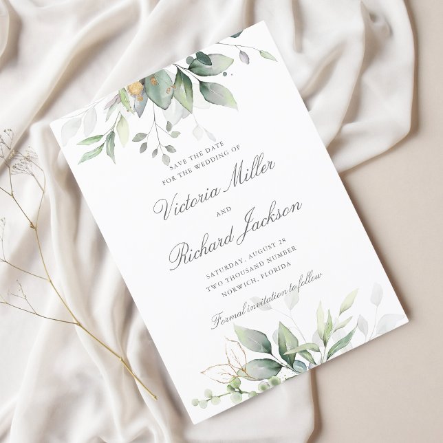 Eucalyptus Greenery Gold Leaves Elegant Wedding  Save The Date (Creator Uploaded)