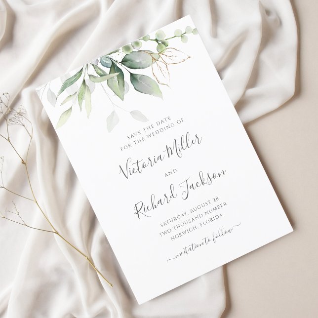 Eucalyptus Greenery Gold Leaves Elegant Wedding Save The Date (Creator Uploaded)
