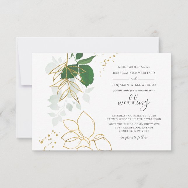 Eucalyptus Greenery Gold Leaves Geometric Wedding Invitation (Front)