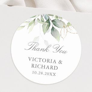 Eucalyptus Greenery Gold Leaves Thank You  Classic Round Sticker
