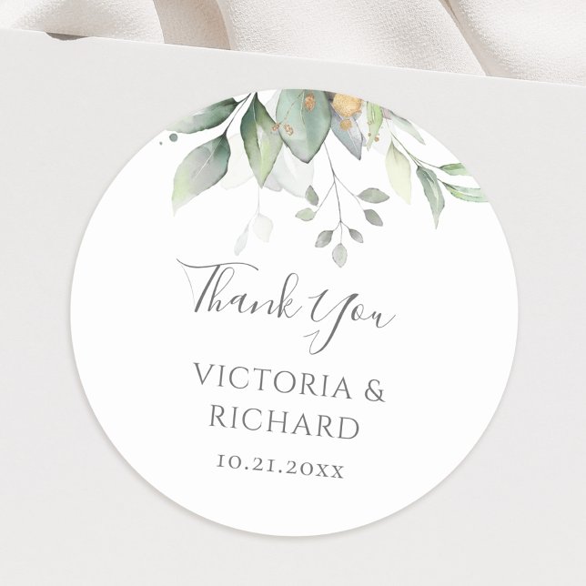 Eucalyptus Greenery Gold Leaves Wedding Thank You Classic Round Sticker (Creator Uploaded)